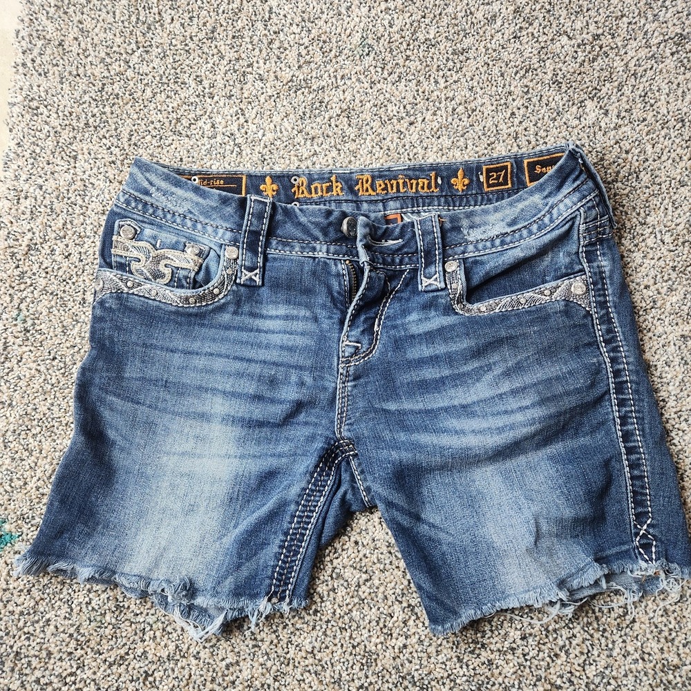 Rock Revival Jorts Women 27 Blue Sapphire Boot Cut Mid Rise Embellish Rhinestone